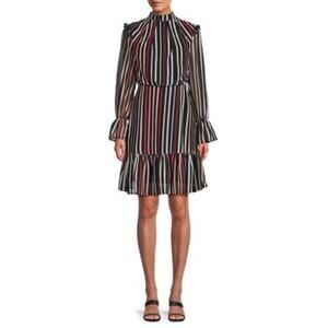 NWT Area Stars Black White Red Striped Mock Neck Long Sleeves To Knee Dress S